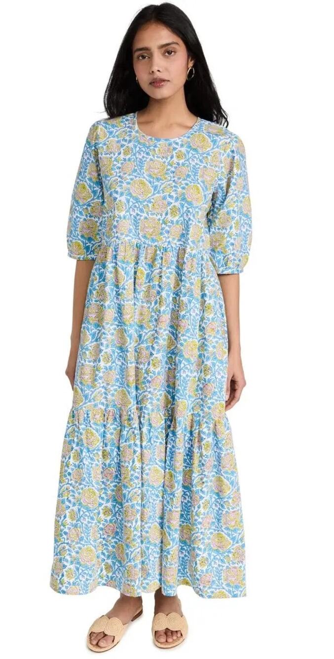 SZ Blockprints Gaia Dress Floral Cotton Tiered Maxi Dress